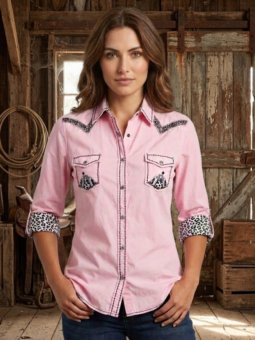 Roar Pink Western Button-Down Shirt with Leopard Accents size Medium